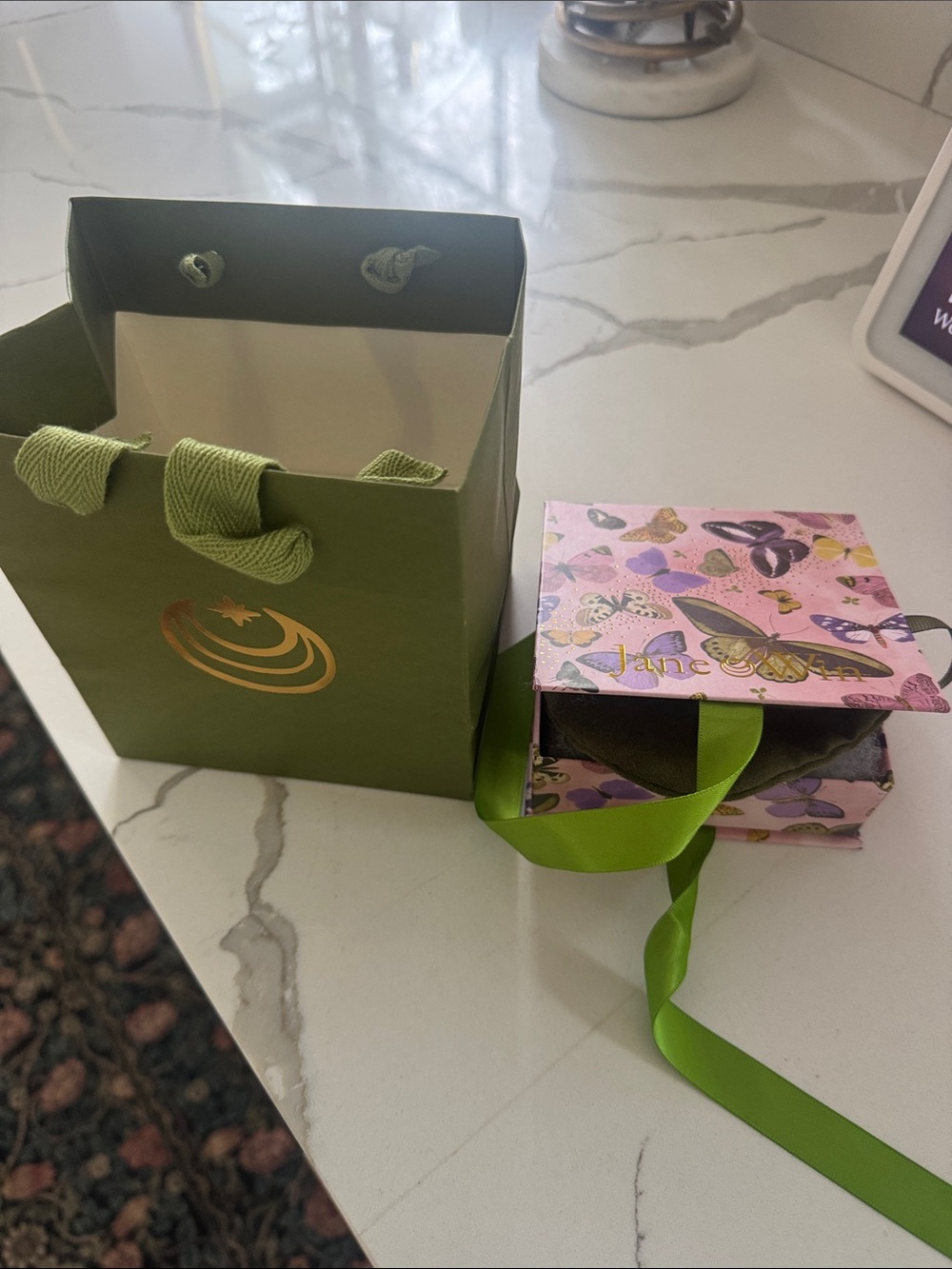 Jane win Butterfly Pink gift Box and bag with Green Ribbon